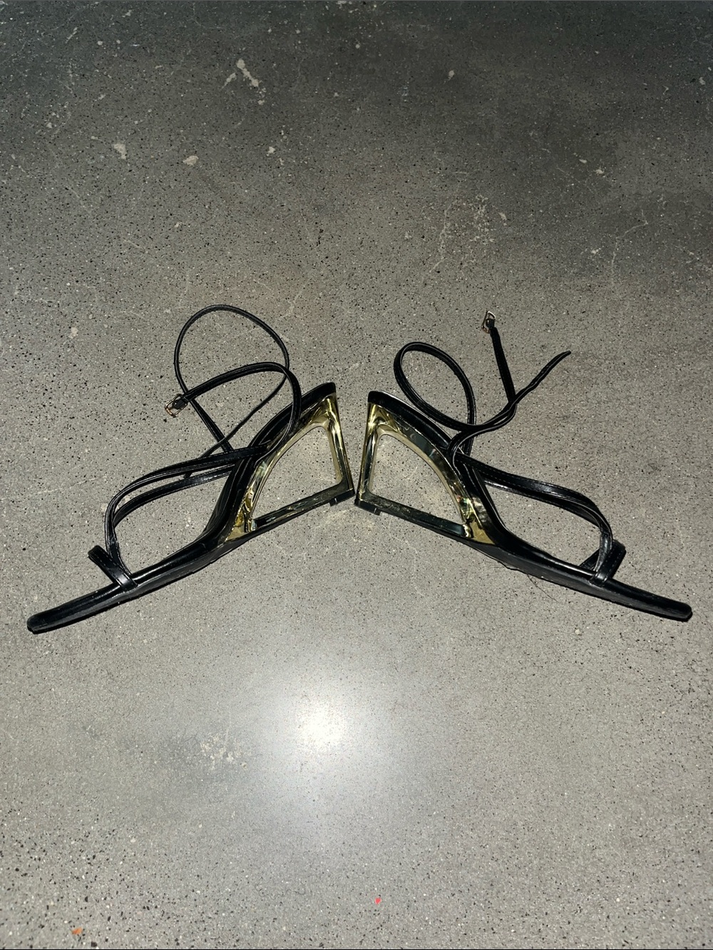 AKIRA Black Strappy Heels with Gold Accent